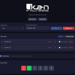 ikan IP Tally Bridge software dashboard showing switcher connection, tally light setup, flash mode and live input statu